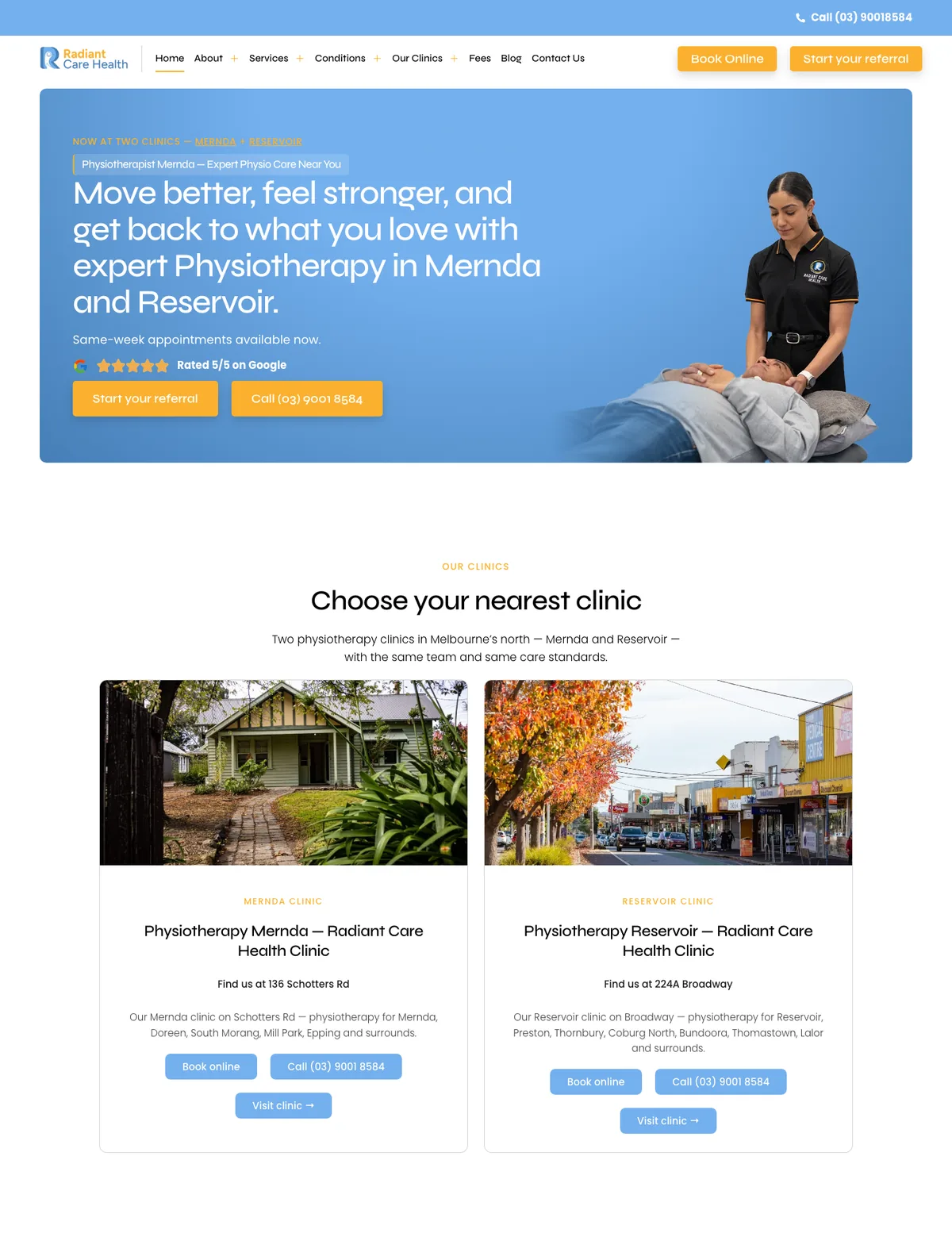 Annotated homepage of Radiant Care Health, designed and built by Web Divine