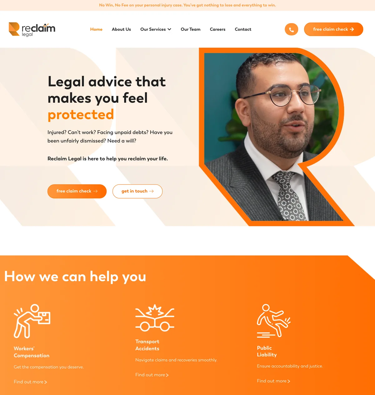 Annotated homepage of Reclaim Legal, designed and built by Web Divine