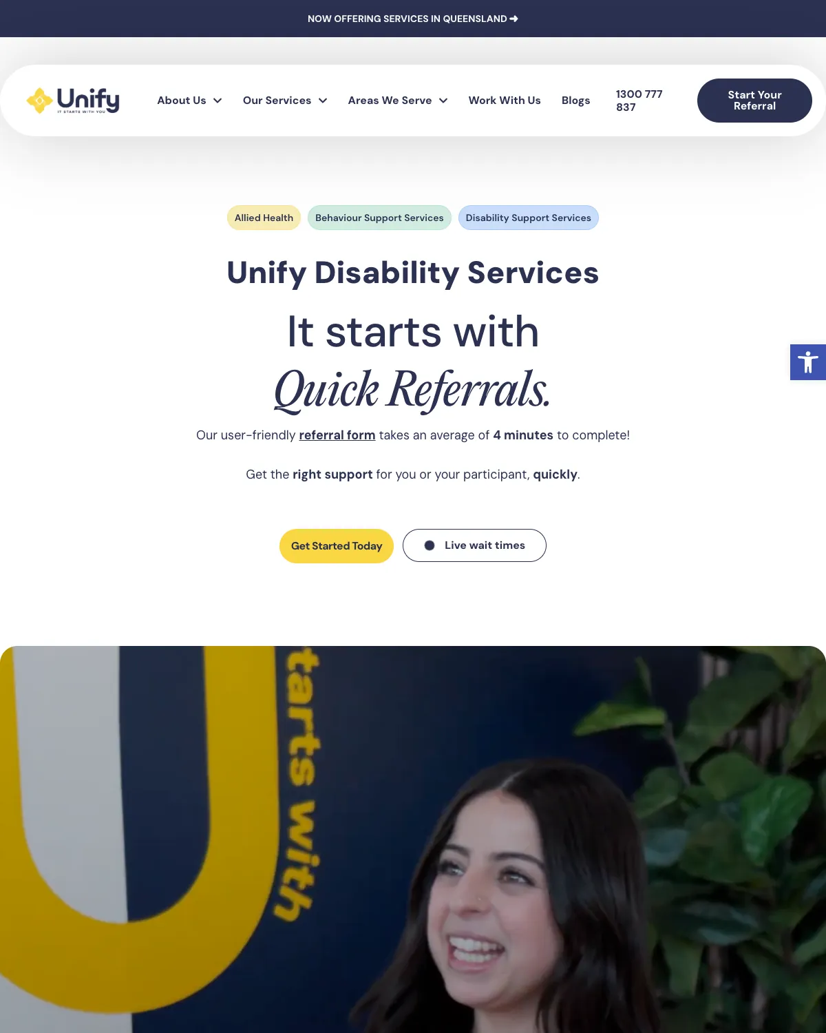 Annotated homepage of Unify Disability Services, designed and built by Web Divine