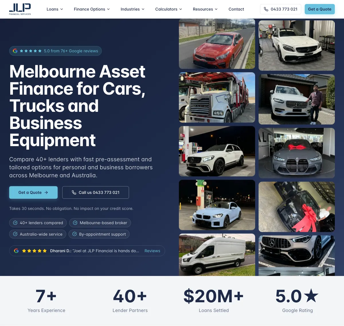 Annotated homepage of JLP Financial, designed and built by Web Divine